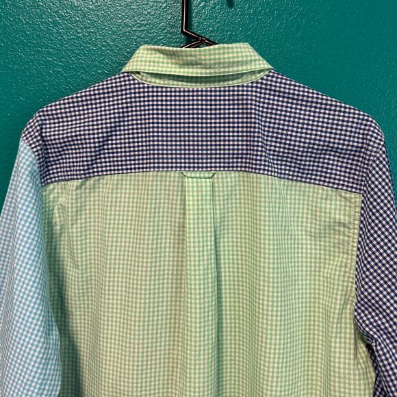 Chaps Easy Care Gingham Blue Lime Green Colorblock Long Sleeve Button Up Men's M - Picture 10 of 10